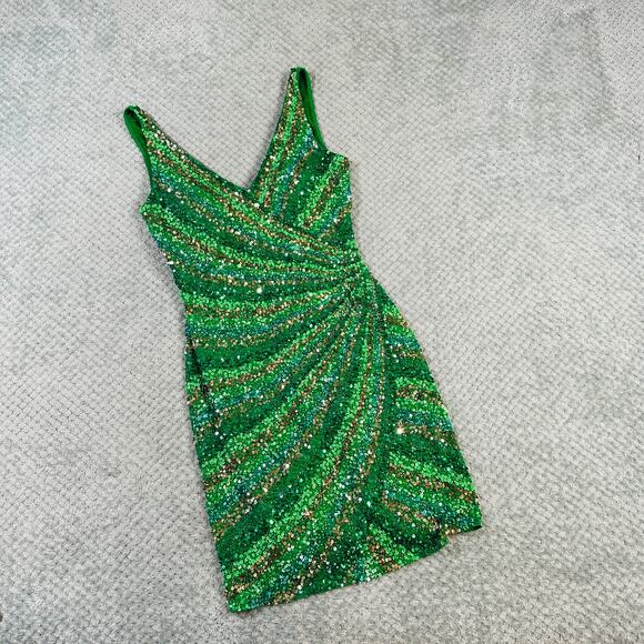 Vtg y2k SCALA Green/Gold sequin beaded sparkly wrap mini dress cocktail 4 - Picture 1 of 7